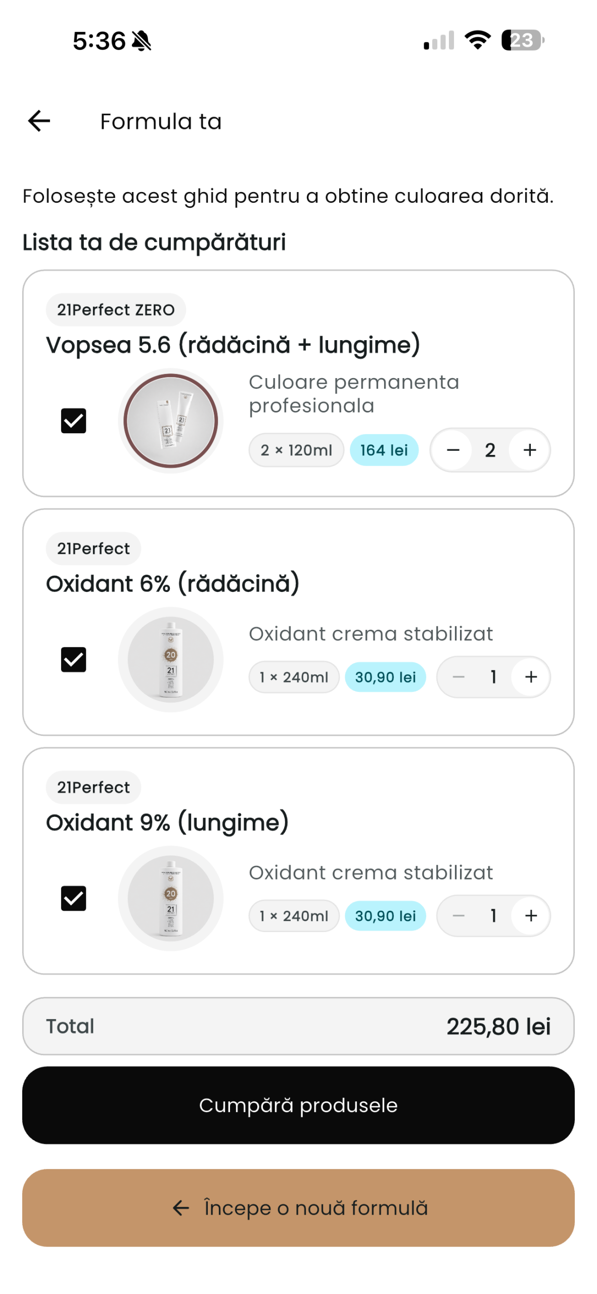 Ecranul Color MiHair — lista de cumpărături cu produse și cantități